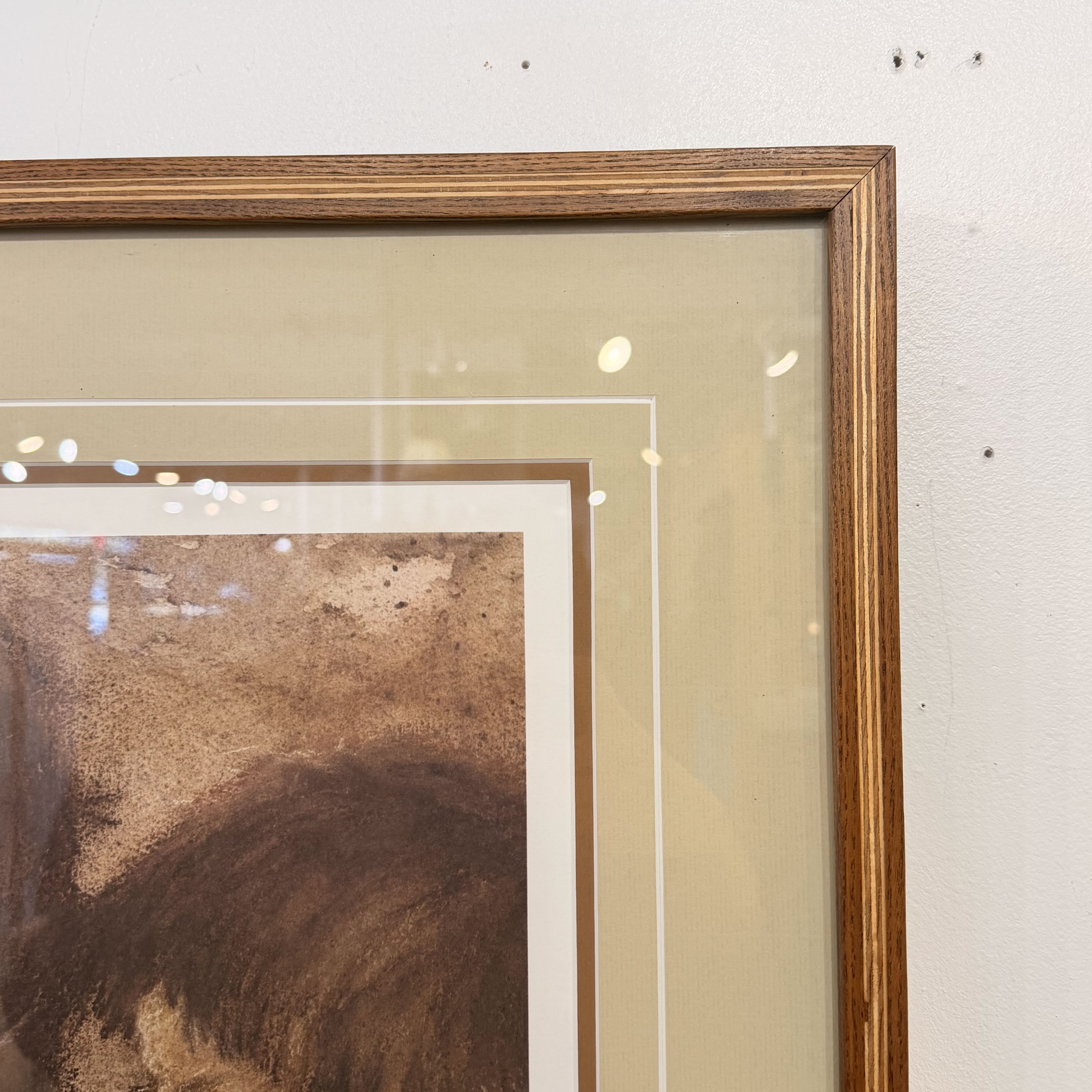 Framed artwork with a brown border on a white wall