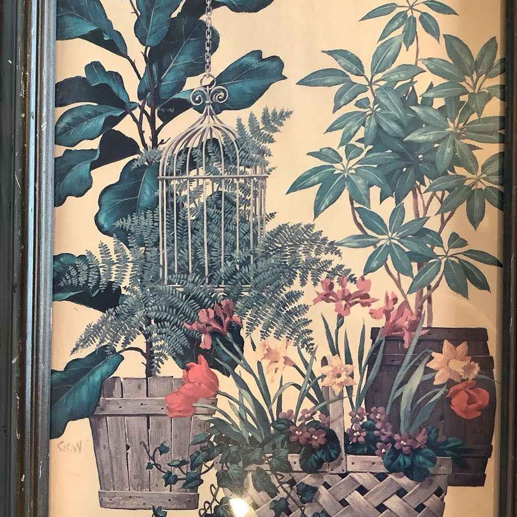 Decorative wallpaper with plants, flowers, and a birdcage on a beige background