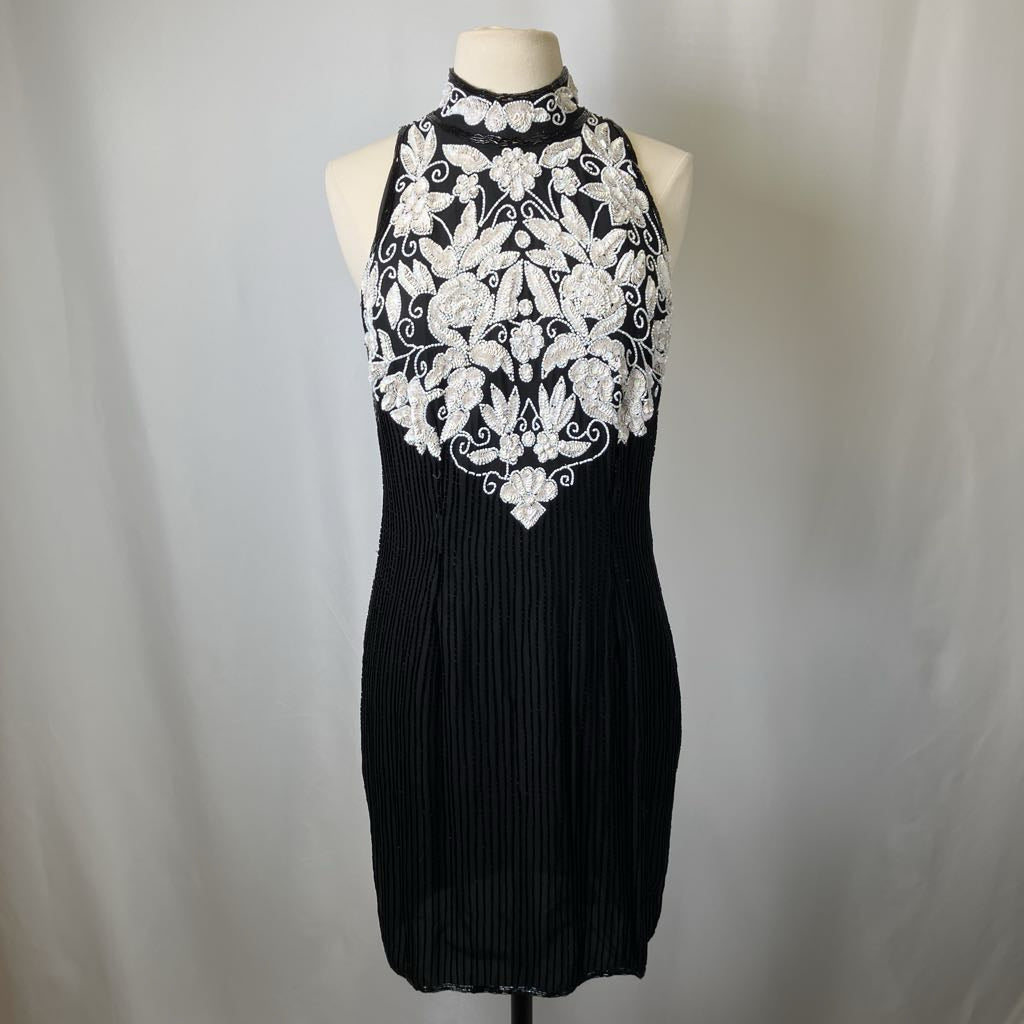 1980s Sequin & Beaded Sleeveless Black Cocktail Dress