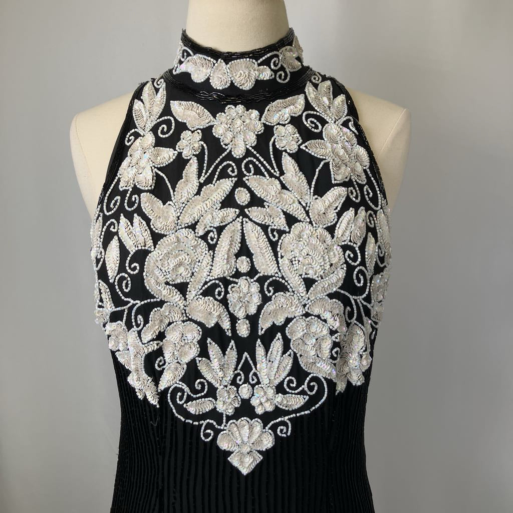 1980s Sequin & Beaded Sleeveless Black Cocktail Dress