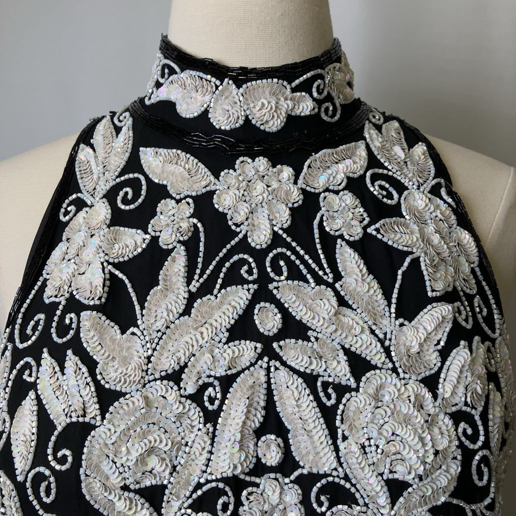 1980s Sequin & Beaded Sleeveless Black Cocktail Dress