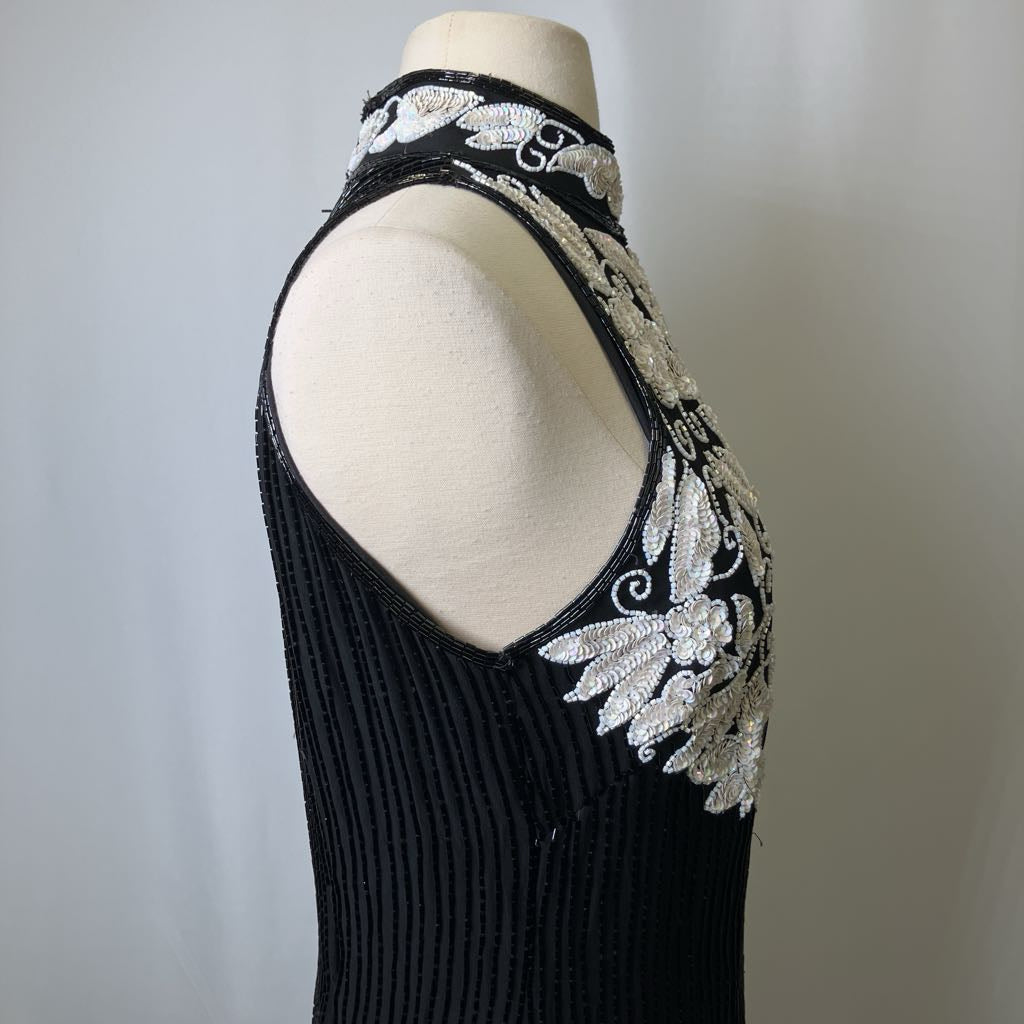 1980s Sequin & Beaded Sleeveless Black Cocktail Dress