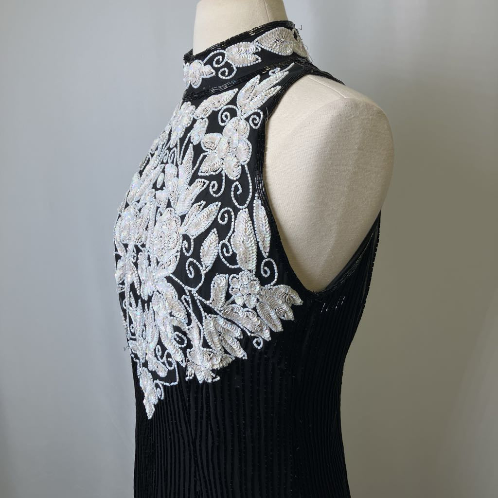 1980s Sequin & Beaded Sleeveless Black Cocktail Dress