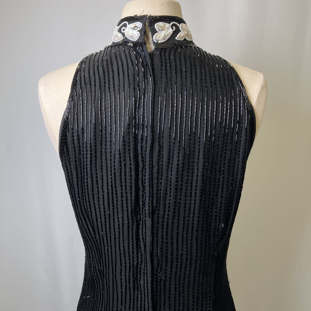 1980s Sequin & Beaded Sleeveless Black Cocktail Dress