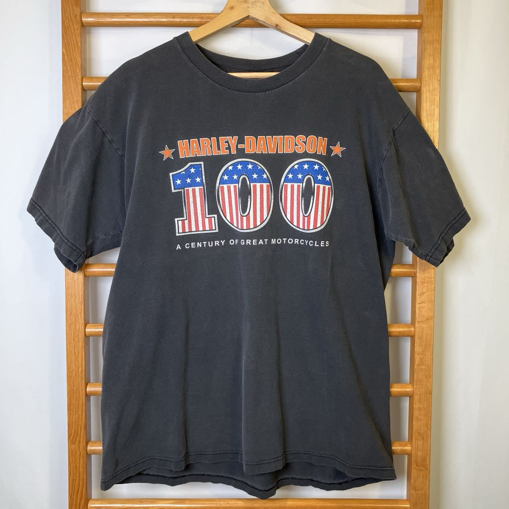 Black t-shirt with Harley-Davidson 100th anniversary design on a wooden rack.