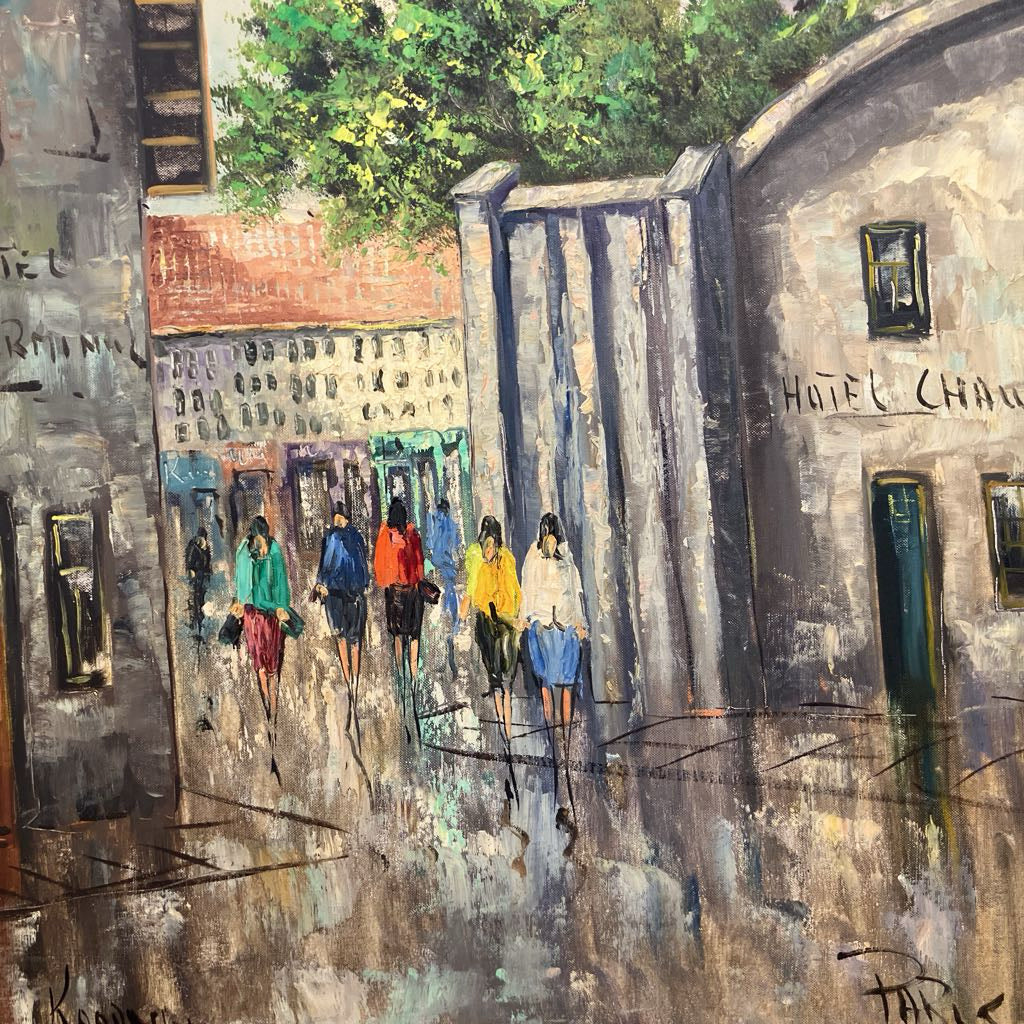 Painting of people walking on a city street with buildings and trees in the background.