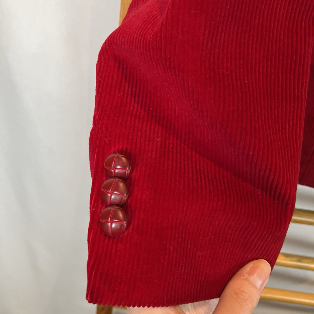 hand holding red sleeve with buttons against white background
