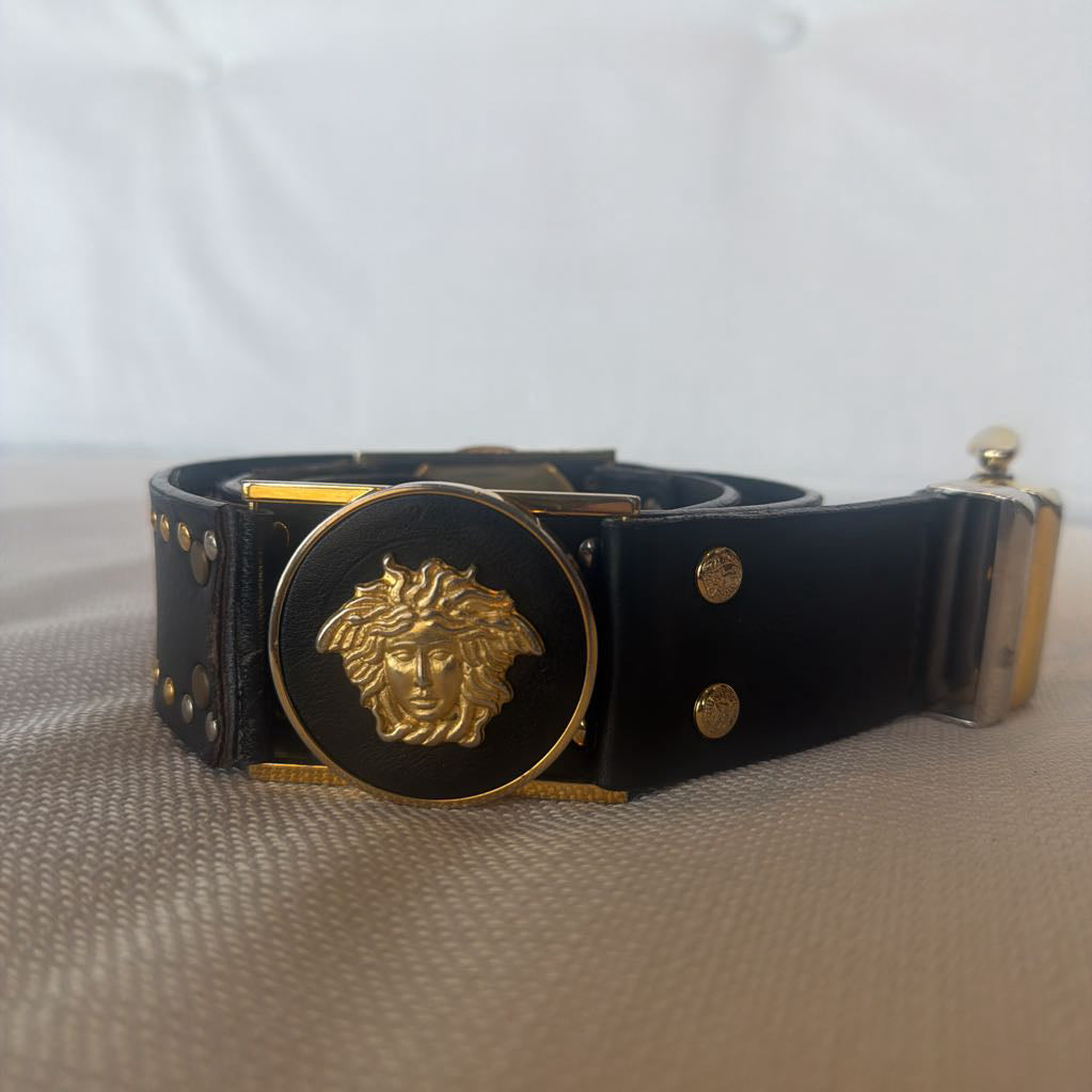 1990s Gianni Versace Big Medusa Gold & Silver Stud Leather Belt