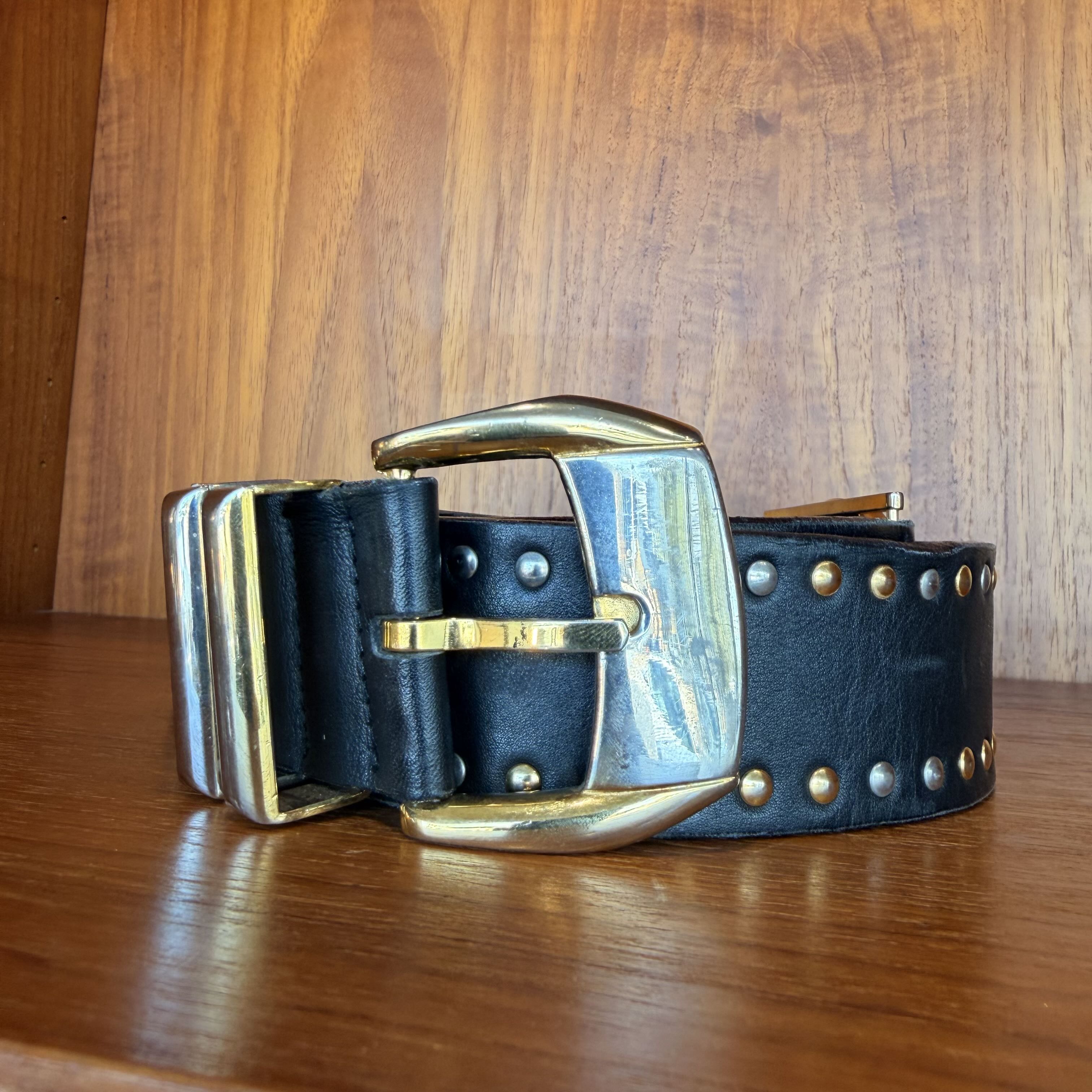 1990s Gianni Versace Big Medusa Gold & Silver Stud Leather Belt