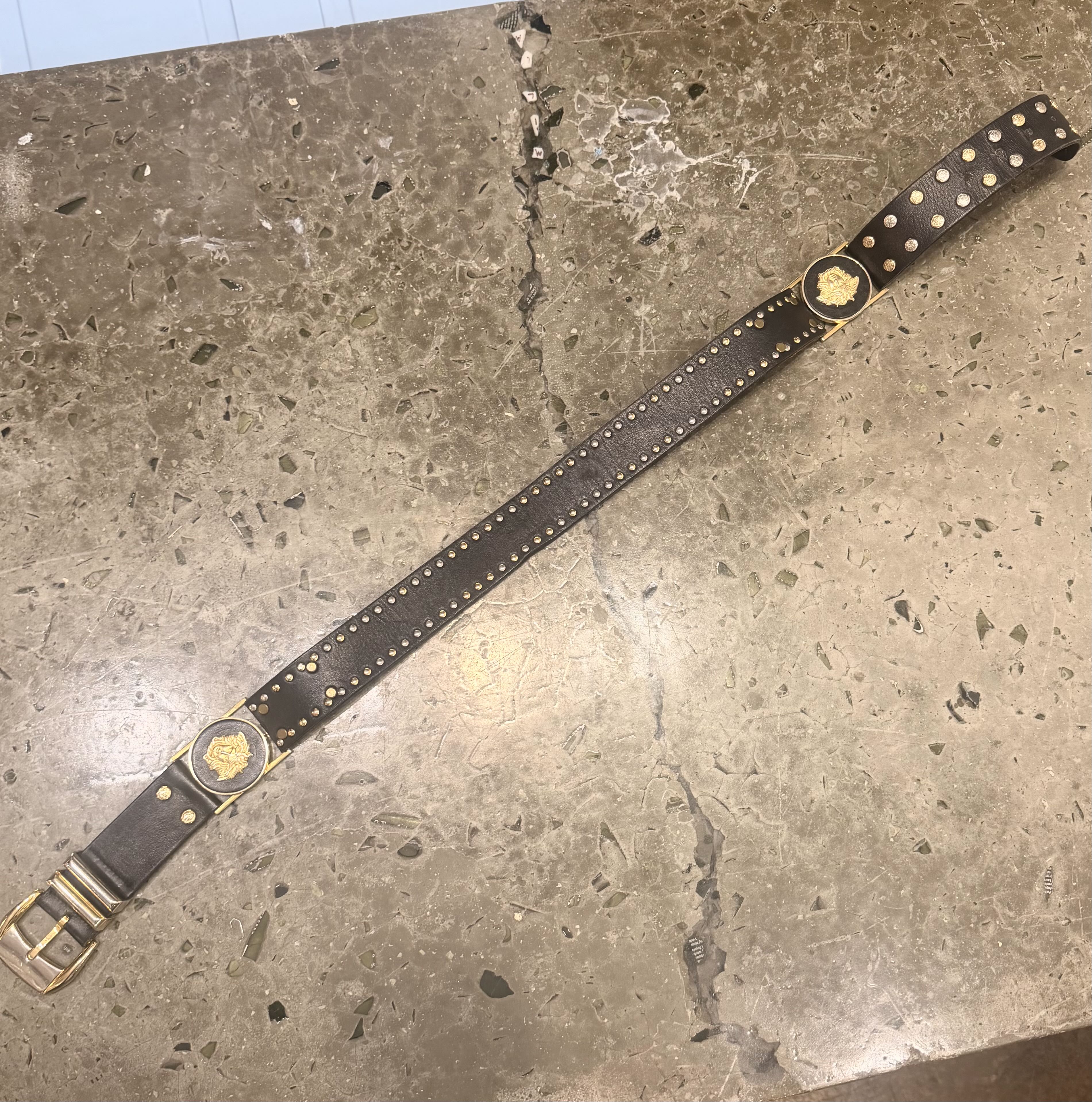 1990s Gianni Versace Big Medusa Gold & Silver Stud Leather Belt