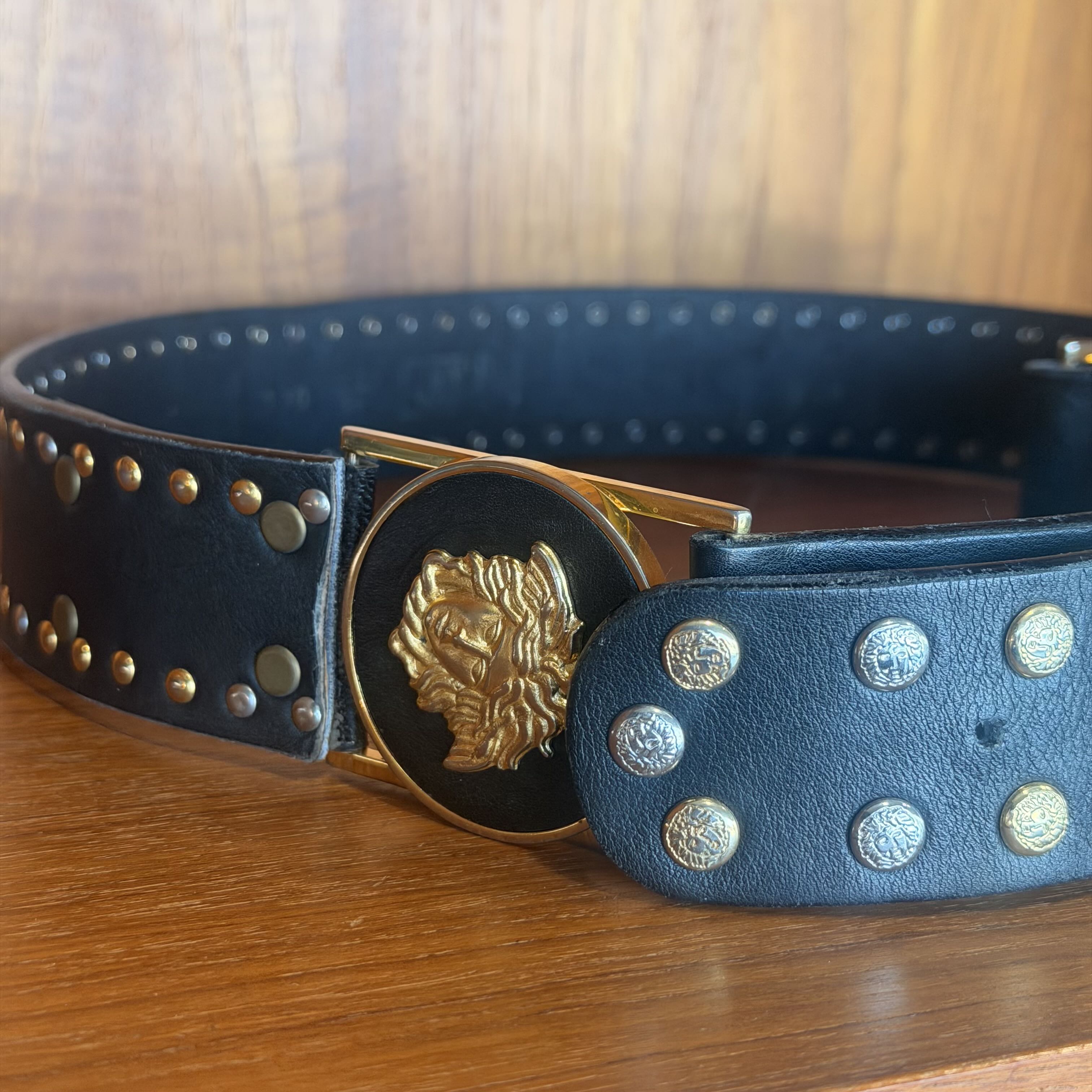 1990s Gianni Versace Big Medusa Gold & Silver Stud Leather Belt