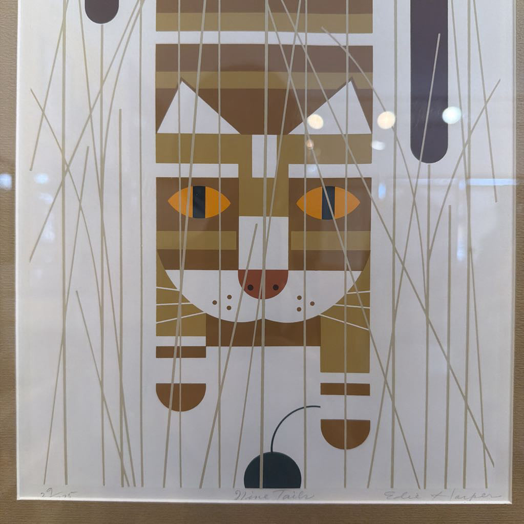 Abstract cat illustration in brown, white, and black on a white background