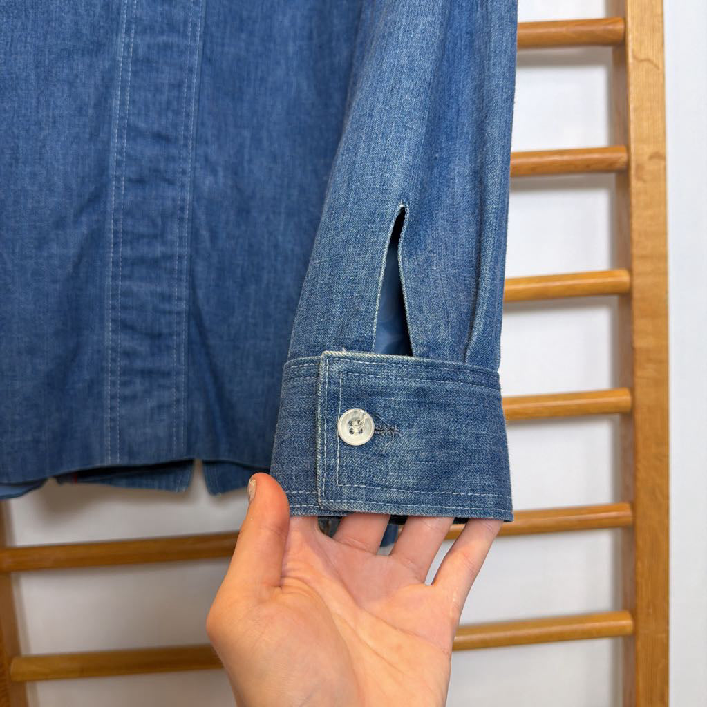 Close-up of a blue denim shirt cuff with a button, held by a hand against a wooden rack background.