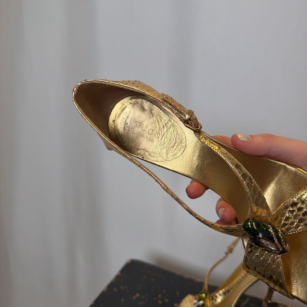 2004 Gucci by Tom Ford Gold Snakeskin Sandals with Metal Green Serpentine Head & Bamboo Stilettos