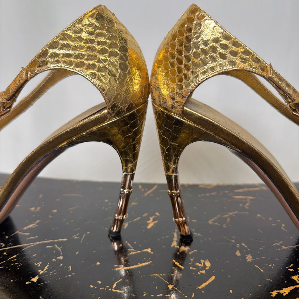 2004 Gucci by Tom Ford Gold Snakeskin Sandals with Metal Green Serpentine Head & Bamboo Stilettos