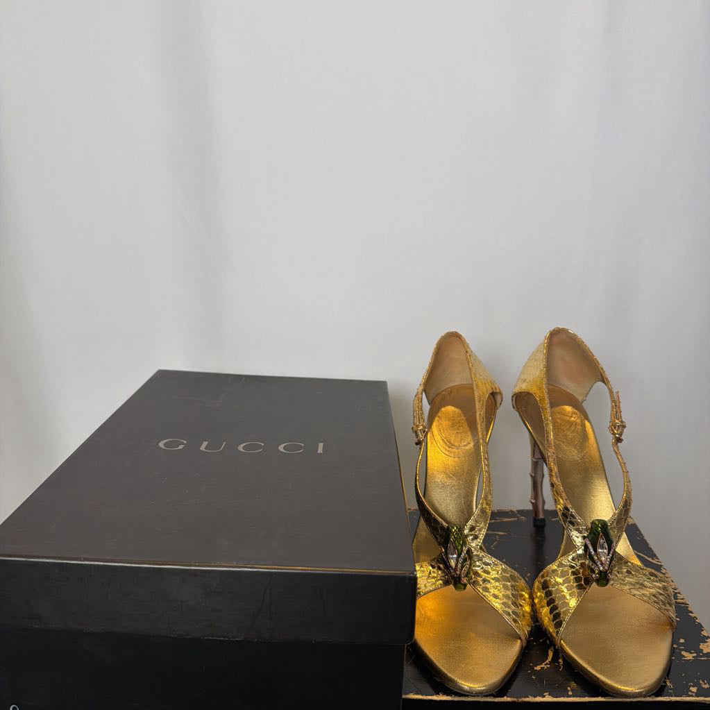 2004 Gucci by Tom Ford Gold Snakeskin Sandals with Metal Green Serpentine Head & Bamboo Stilettos