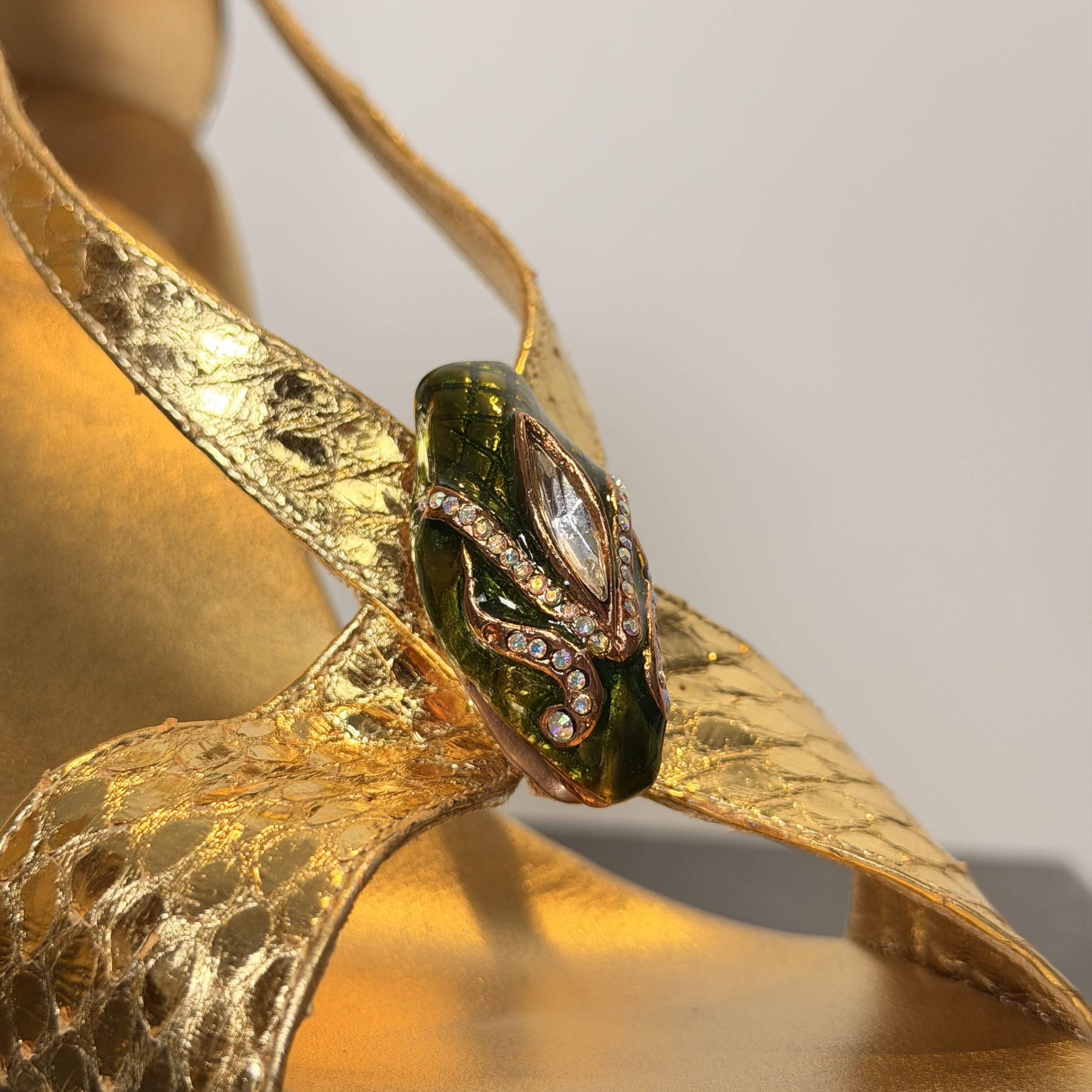 2004 Gucci by Tom Ford Gold Snakeskin Sandals with Metal Green Serpentine Head & Bamboo Stilettos