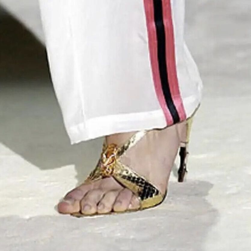 2004 Gucci by Tom Ford Gold Snakeskin Sandals with Metal Green Serpentine Head & Bamboo Stilettos
