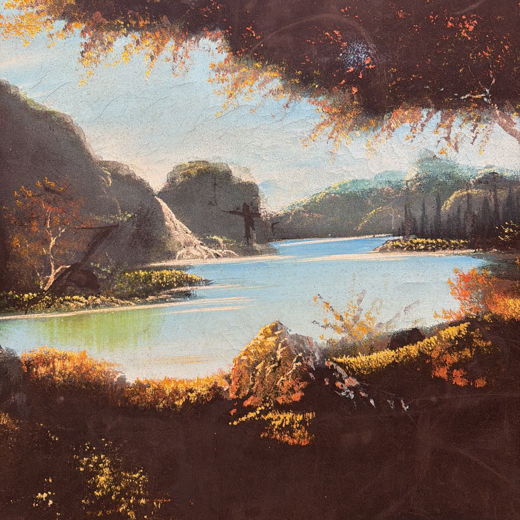 Landscape painting of a river with mountains and trees