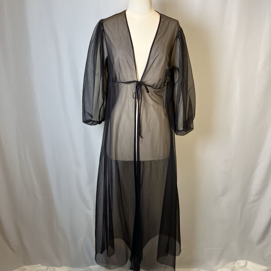 Black sheer robe on a mannequin against a white background