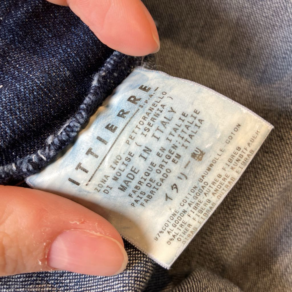Close-up of a Littierre label on denim fabric
