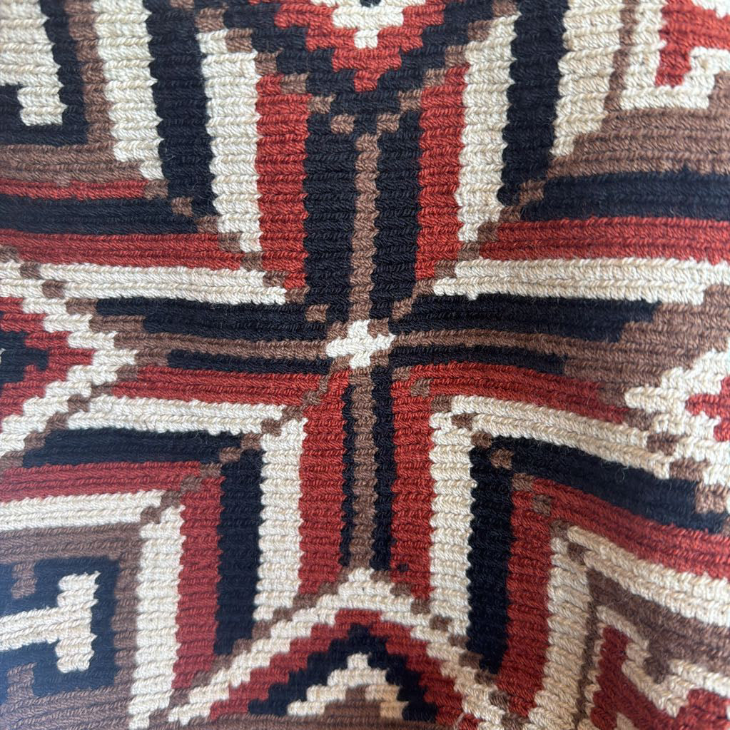 Close-up of a patterned rug with geometric design