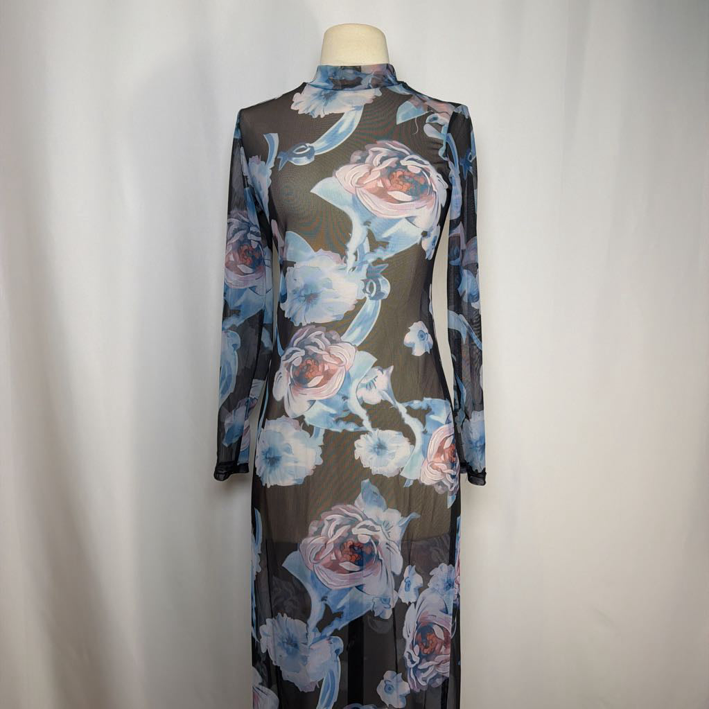 Sheer Long Sleeve Blue Flower Dress