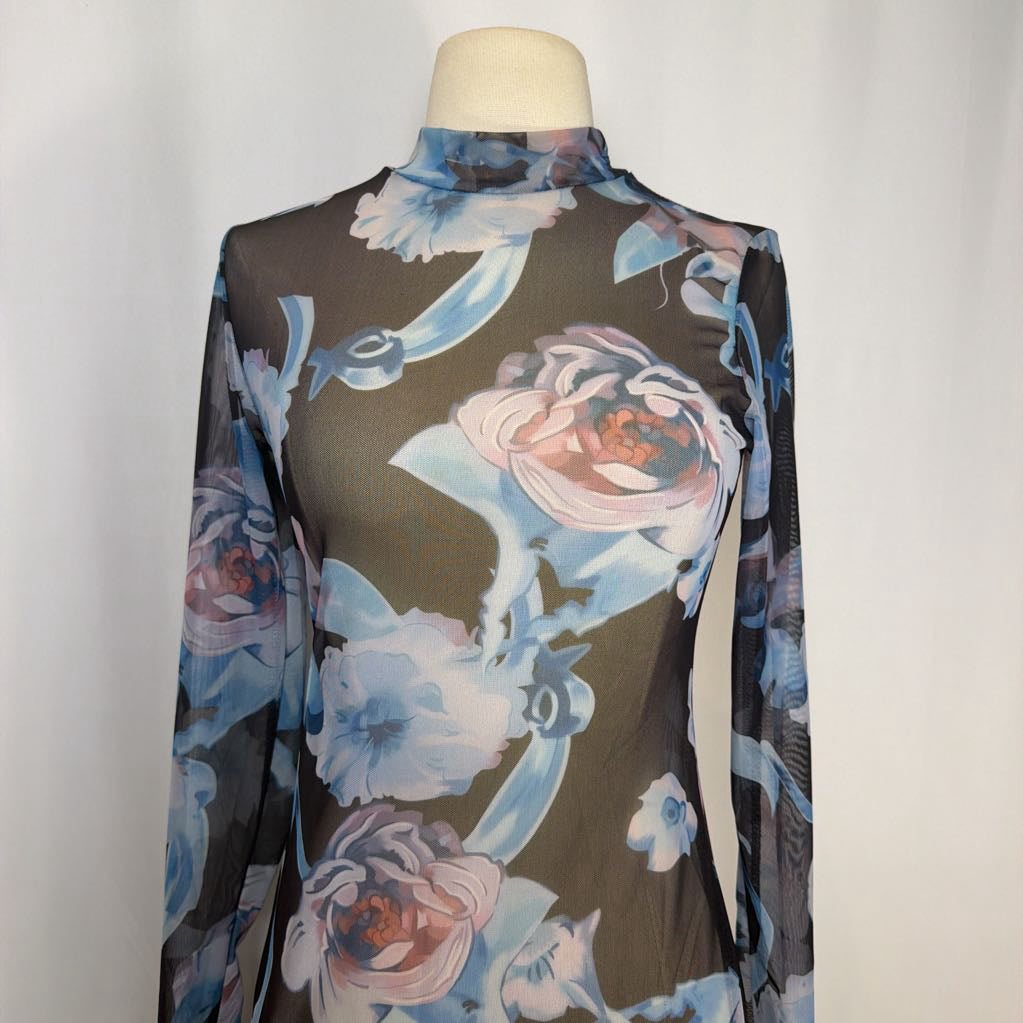 Sheer Long Sleeve Blue Flower Dress