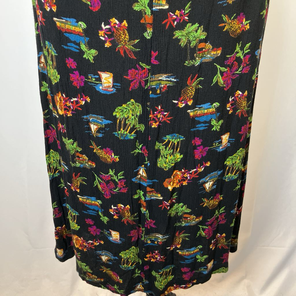 Colorful tropical patterned fabric on a black background