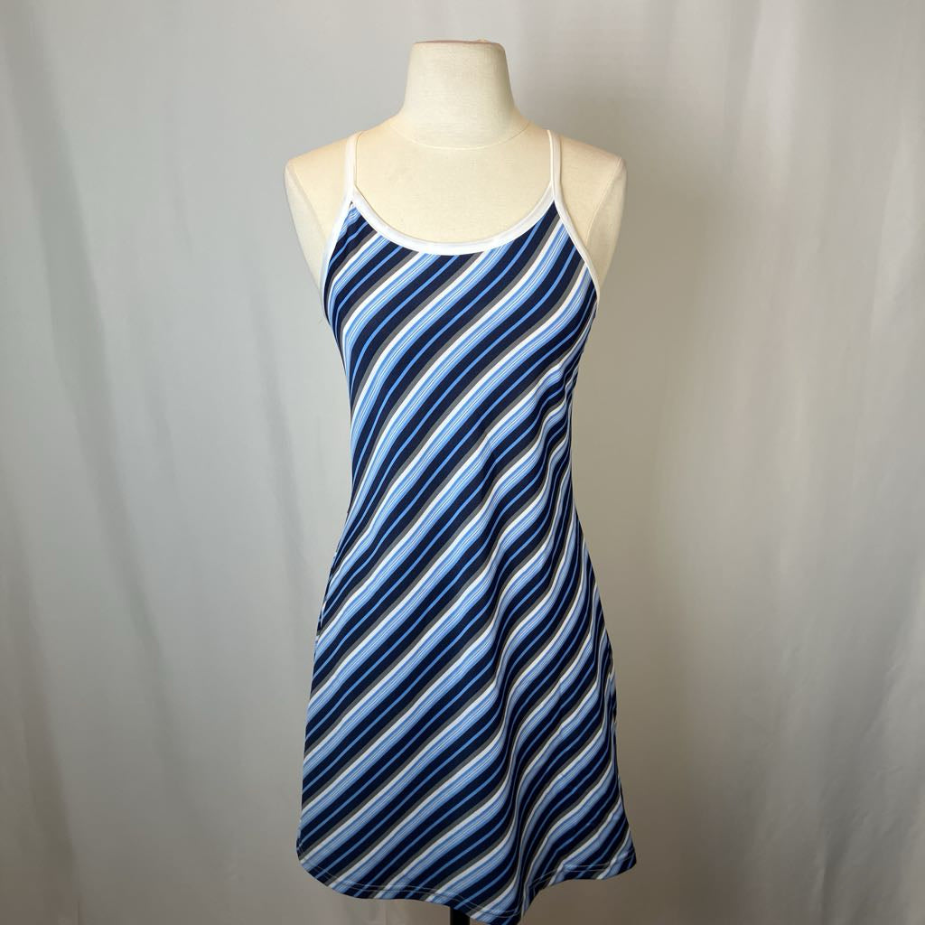Blue and white striped dress on a mannequin against a plain background