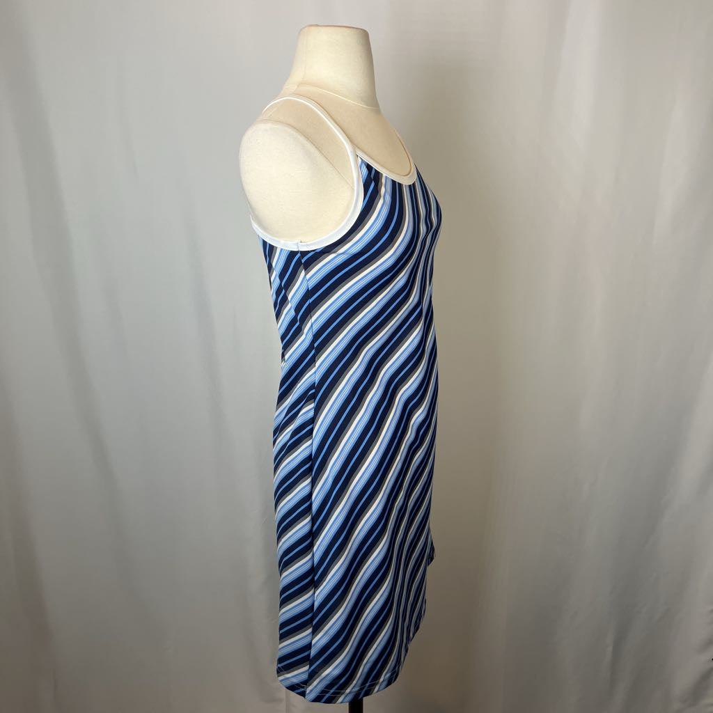 Blue and white striped dress on a mannequin against a plain background
