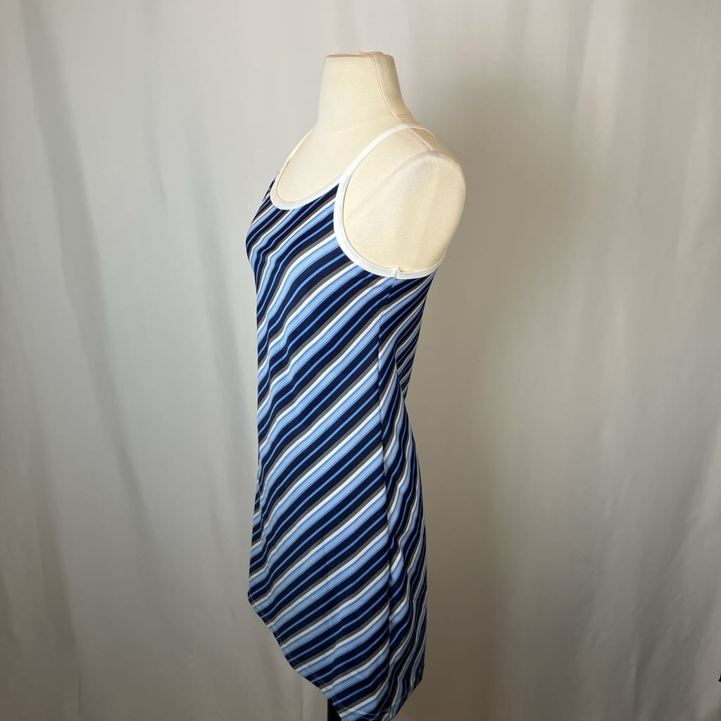 Blue and white striped dress on a mannequin against a plain background