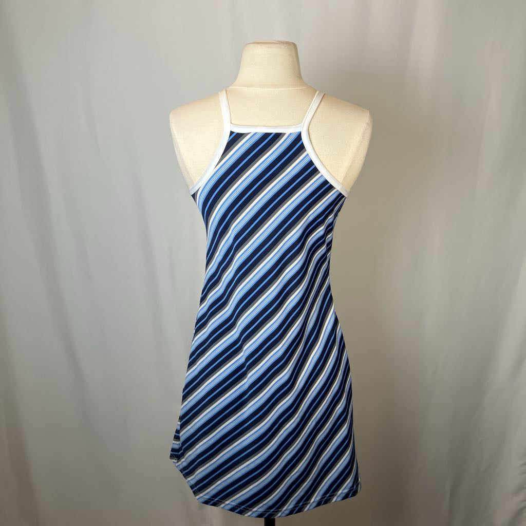 Blue and white striped dress on a mannequin against a plain background