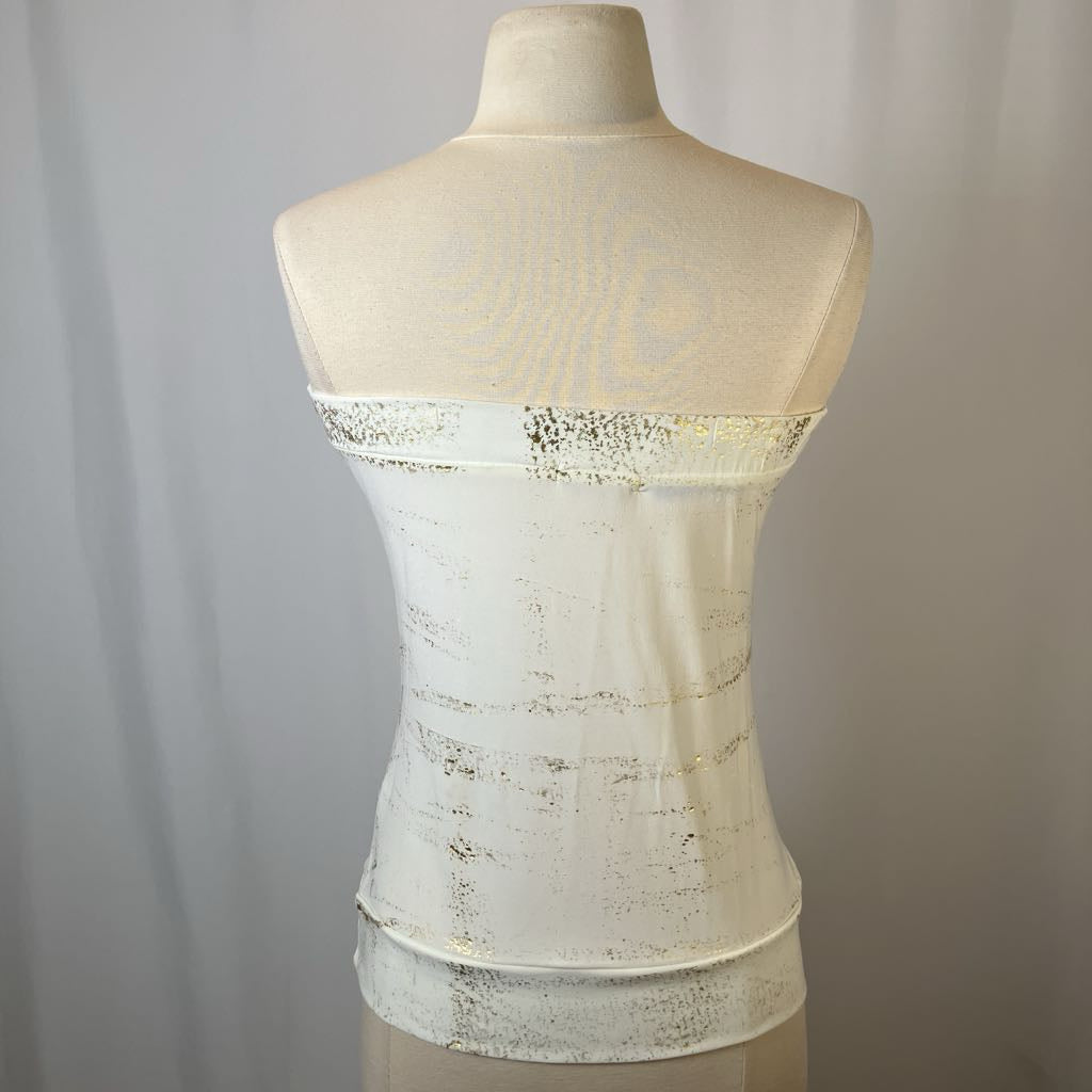 White strapless top with glittery details on a mannequin against a plain background