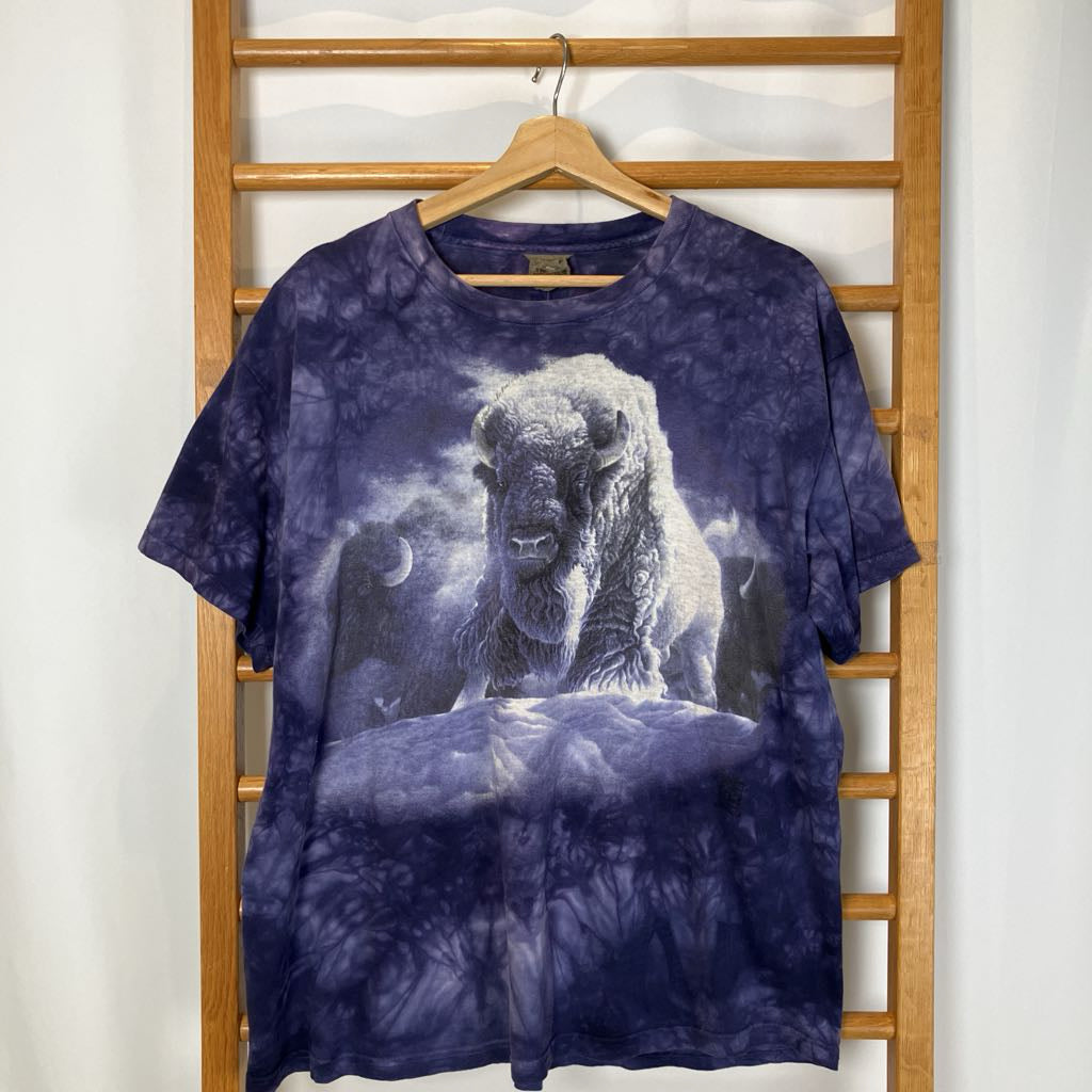 Tie-dye t-shirt with a buffalo design on a wooden hanger against a white wall.