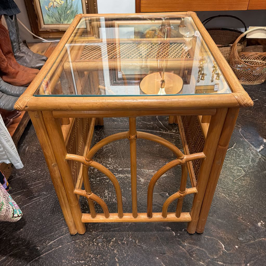 Vintage Rattan Side Table w Glasstop