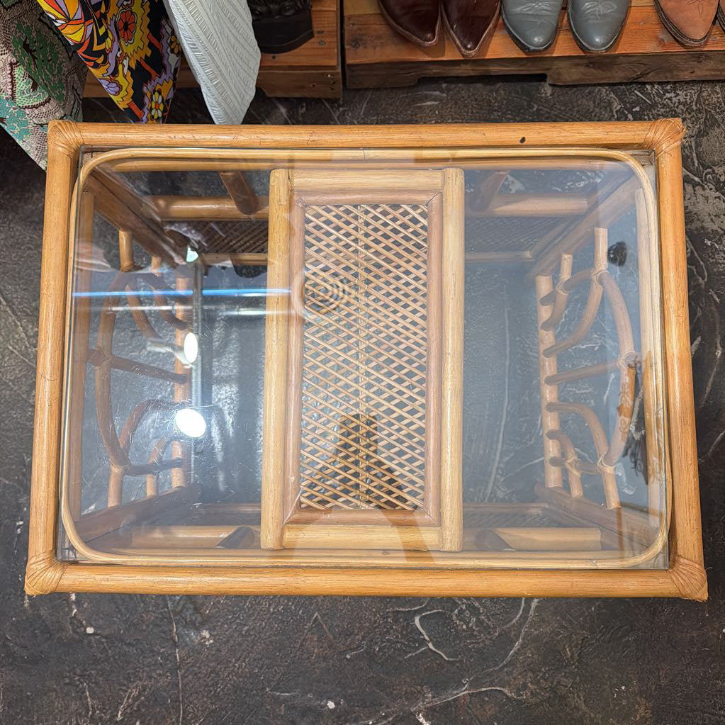 Vintage Rattan Side Table w Glasstop