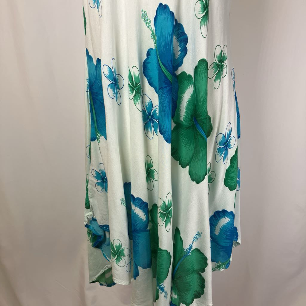Dress with blue and green floral pattern on a plain background