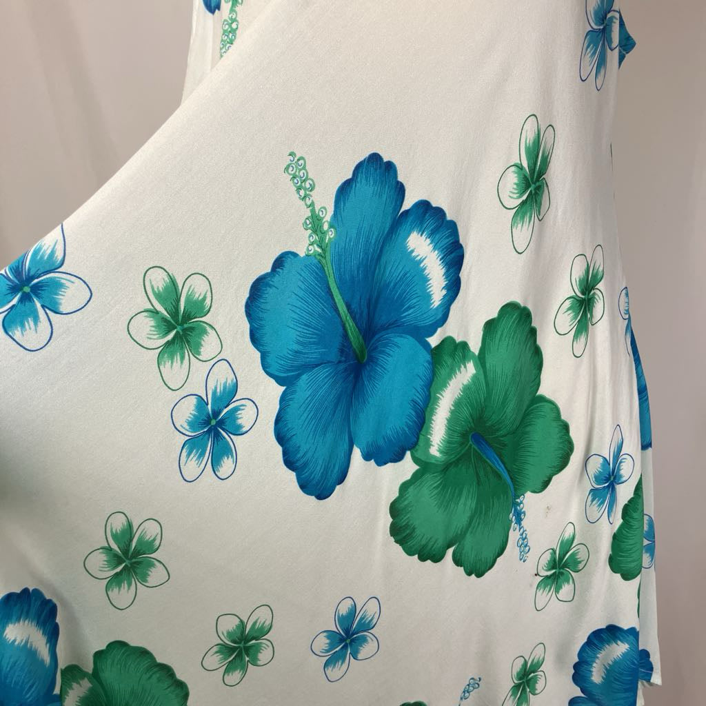 Close-up of a fabric with blue and green floral patterns on a white background