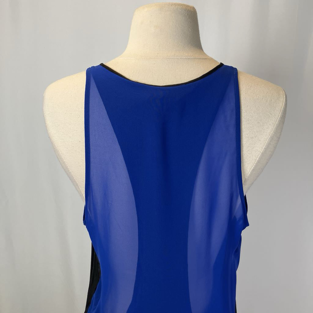 Blue sleeveless top on a mannequin against a gray background