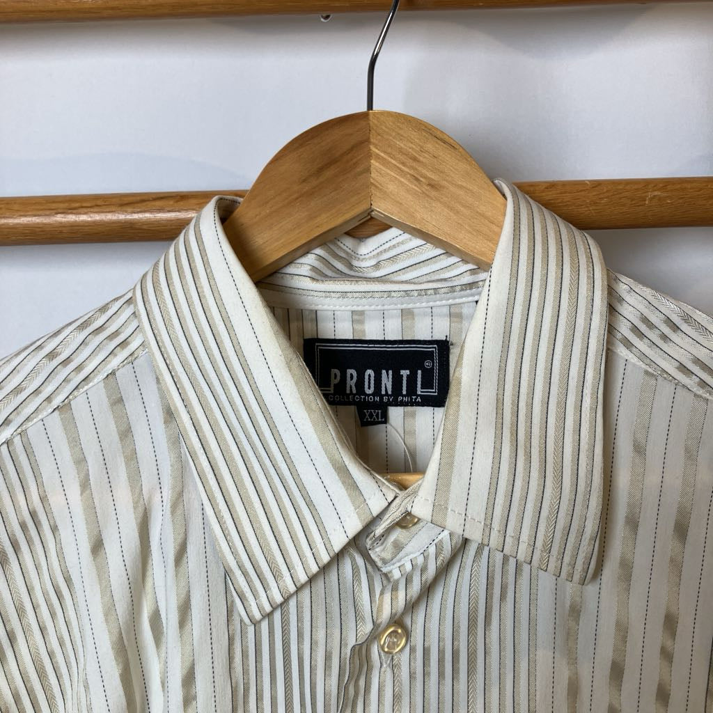 Beige striped shirt on a wooden hanger with 'PRONTI' label.