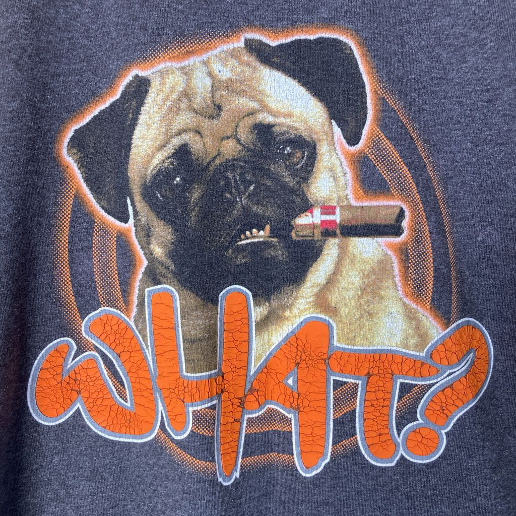 T-shirt with a pug dog graphic and 'WHAT?' text on a dark blue background