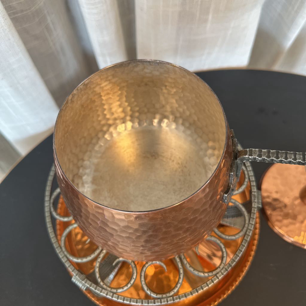 Vintage SIGG Switzerland Hammered Copper Fondue Set w/ Wood Handle & Matching Undertray