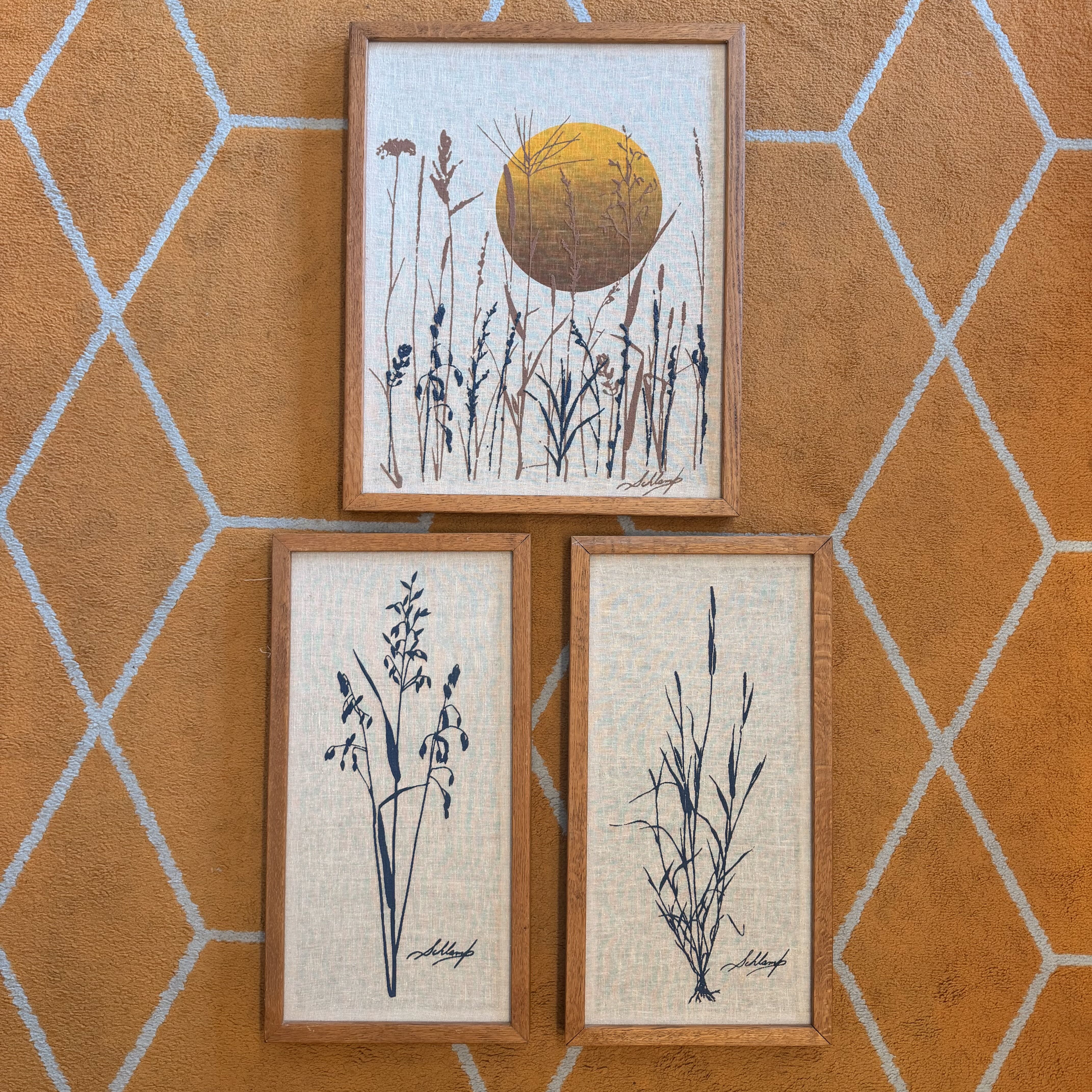 Three framed botanical prints on a textured wall with geometric pattern