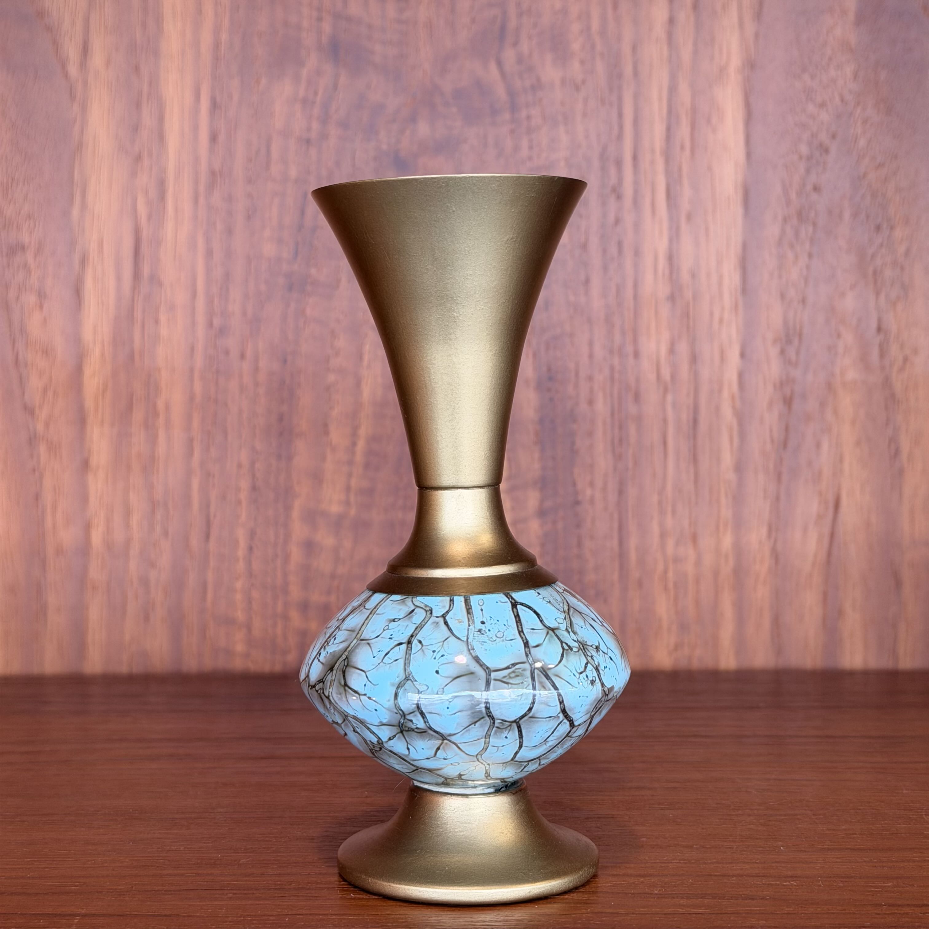 Vintage Delft Holland Brass and Ceramic Bud Vase against a wooden background