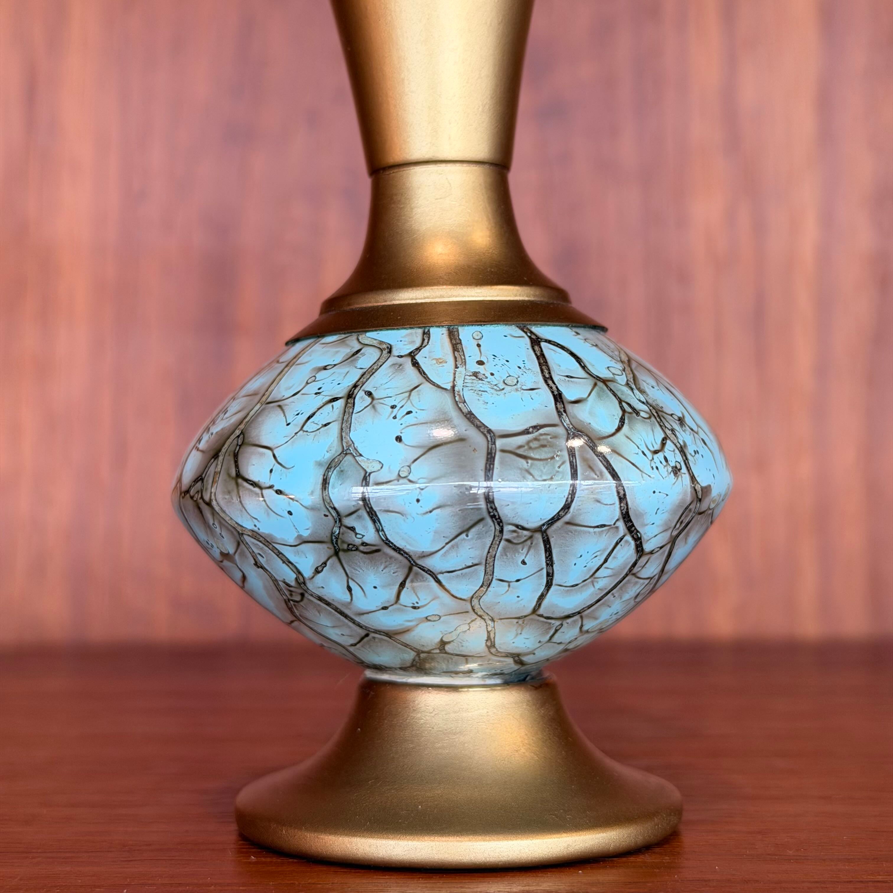 Vintage Delft Holland Brass and Ceramic Bud Vase against a wooden background