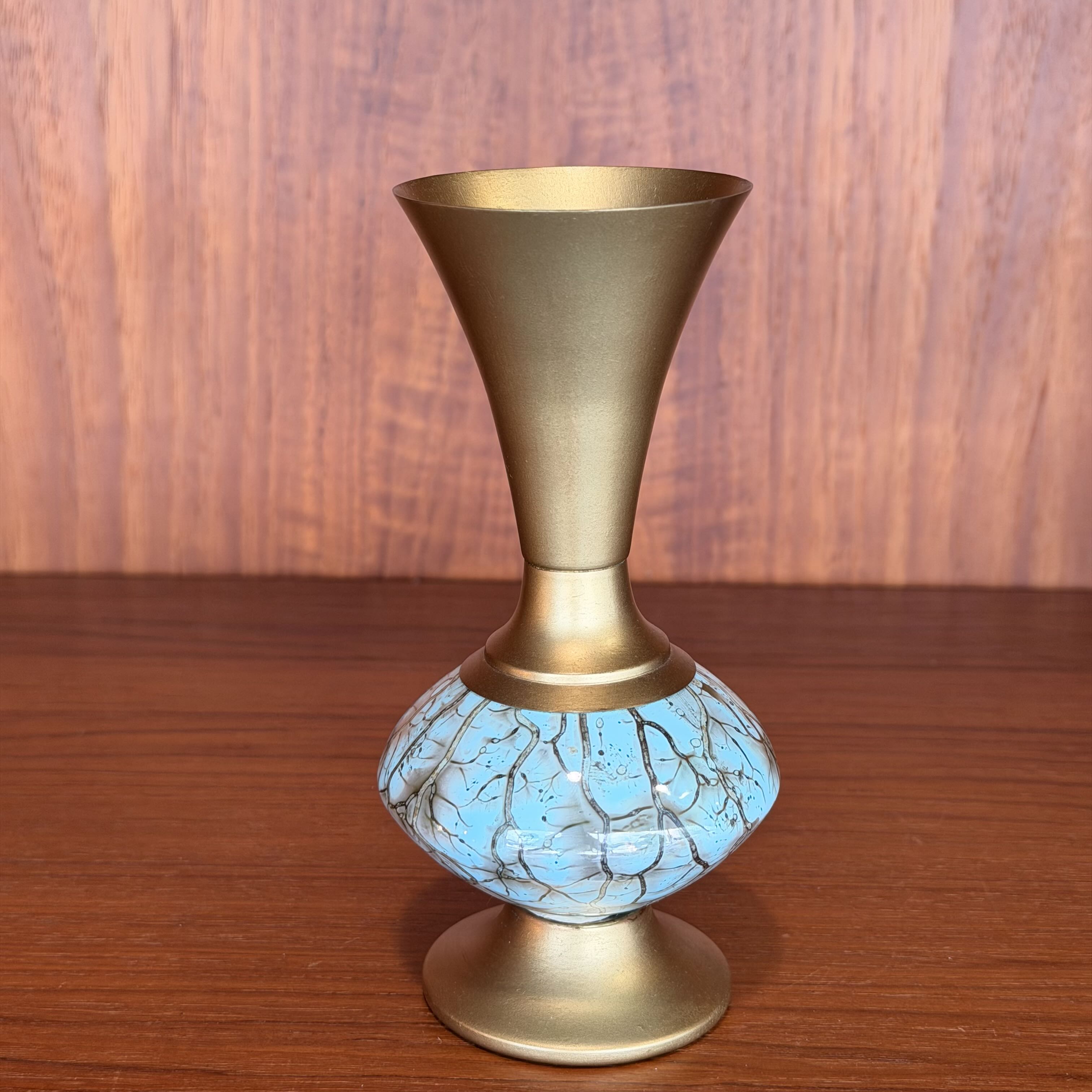 Vintage Delft Holland Brass and Ceramic Bud Vase against a wooden background