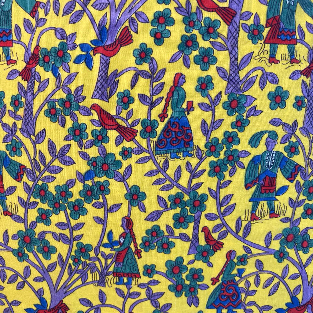 Colorful fabric pattern with people, birds, and flowers on a yellow background