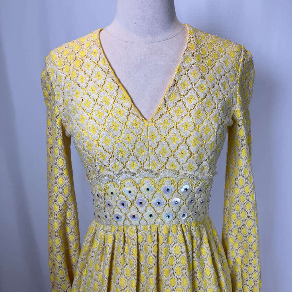 1970s Yellow Lace Maxi Dress w/ Rhinestones