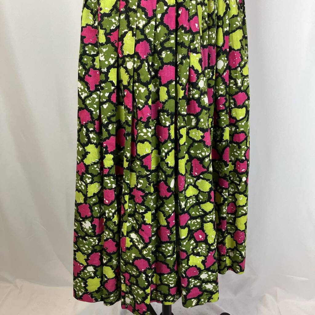 Long skirt with pink and green floral pattern on a white background